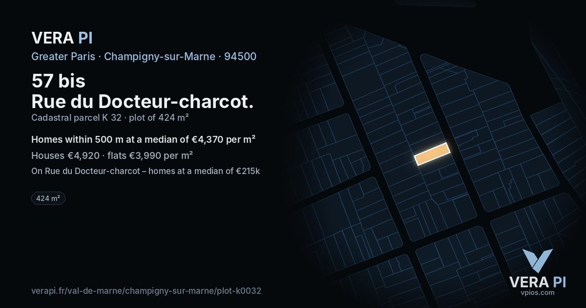 57 bis Rue du Docteur-charcot, Champigny-sur-Marne at night – the plot lit, the parcels around coloured by the prices near them