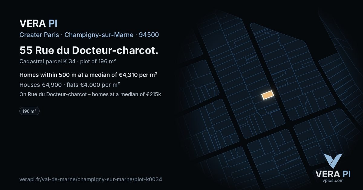 55 Rue du Docteur-charcot, Champigny-sur-Marne at night – the plot lit, the parcels around coloured by the prices near them