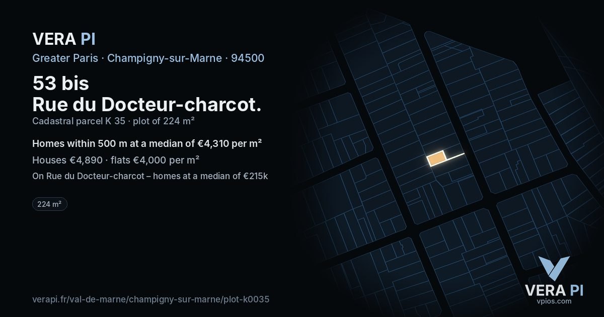 53 bis Rue du Docteur-charcot, Champigny-sur-Marne at night – the plot lit, the parcels around coloured by the prices near them