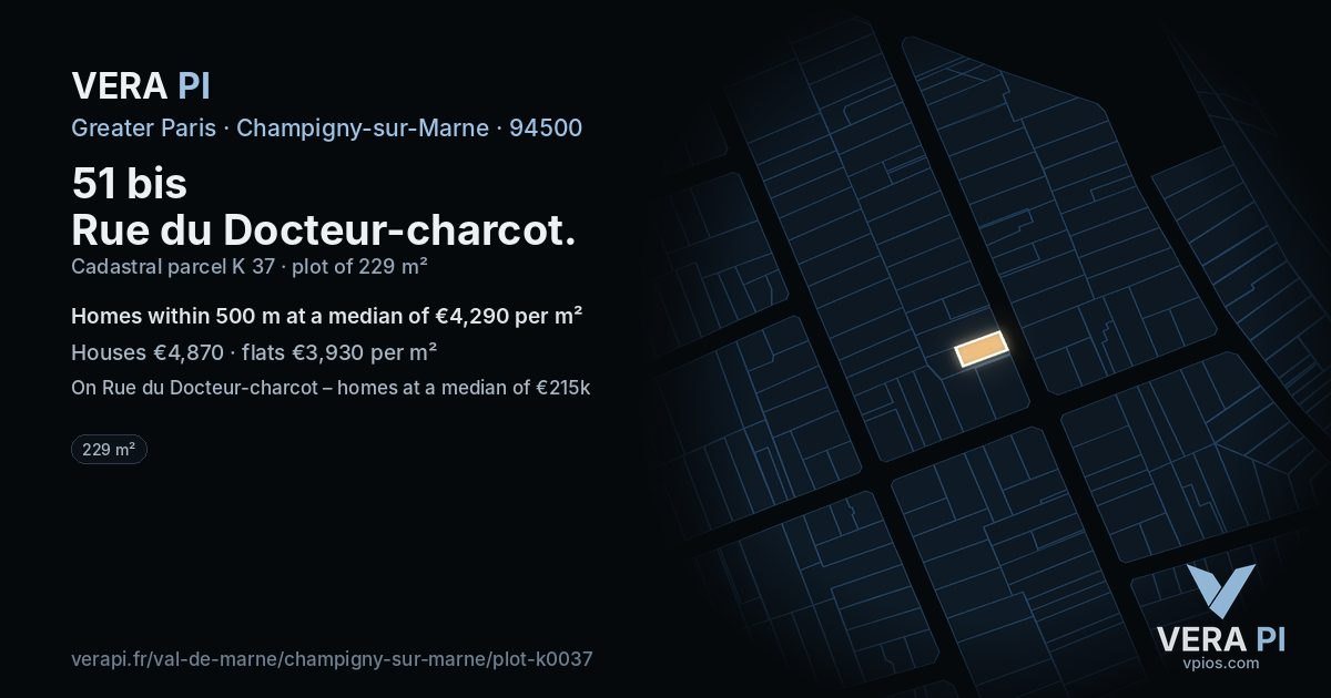 51 bis Rue du Docteur-charcot, Champigny-sur-Marne at night – the plot lit, the parcels around coloured by the prices near them
