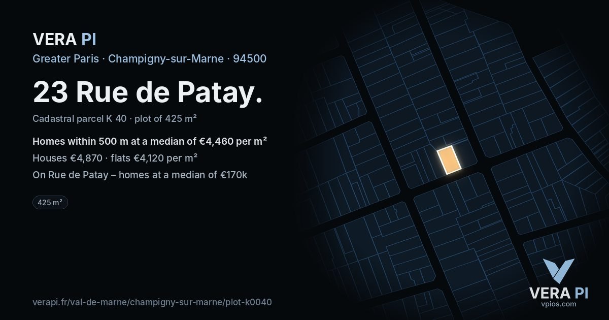 23 Rue de Patay, Champigny-sur-Marne at night – the plot lit, the parcels around coloured by the prices near them
