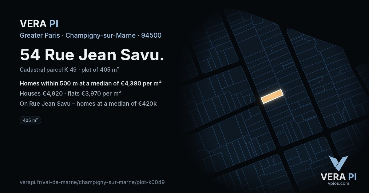 54 Rue Jean Savu, Champigny-sur-Marne at night – the plot lit, the parcels around coloured by the prices near them