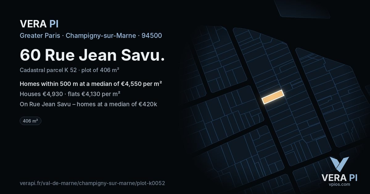 60 Rue Jean Savu, Champigny-sur-Marne at night – the plot lit, the parcels around coloured by the prices near them