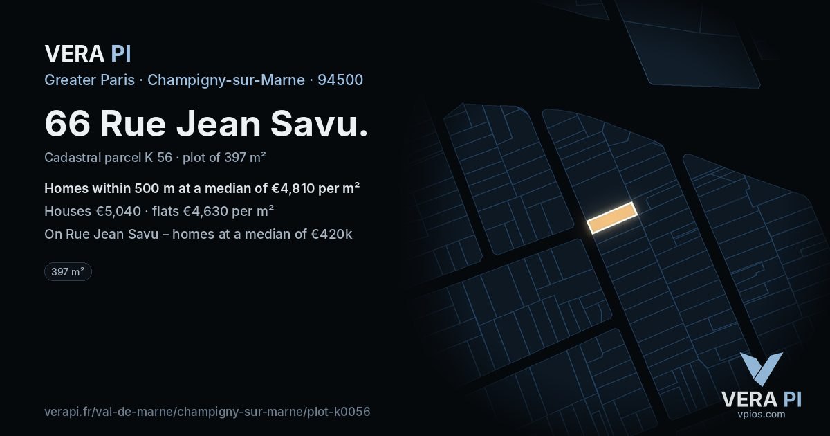 66 Rue Jean Savu, Champigny-sur-Marne at night – the plot lit, the parcels around coloured by the prices near them