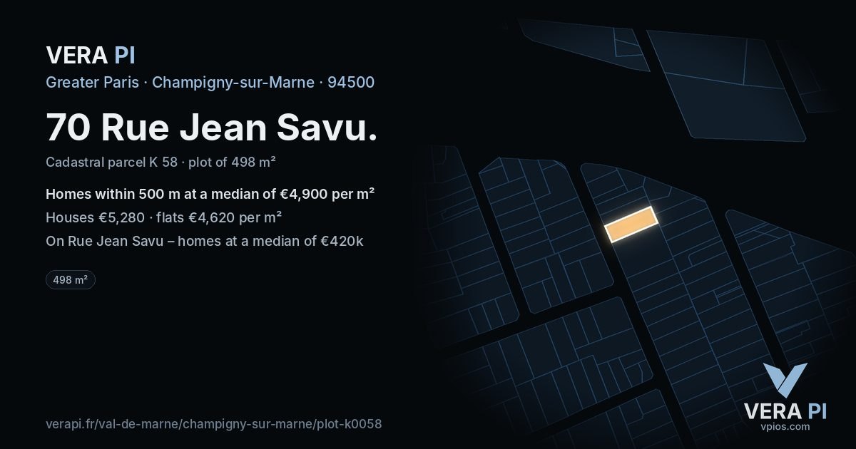 70 Rue Jean Savu, Champigny-sur-Marne at night – the plot lit, the parcels around coloured by the prices near them
