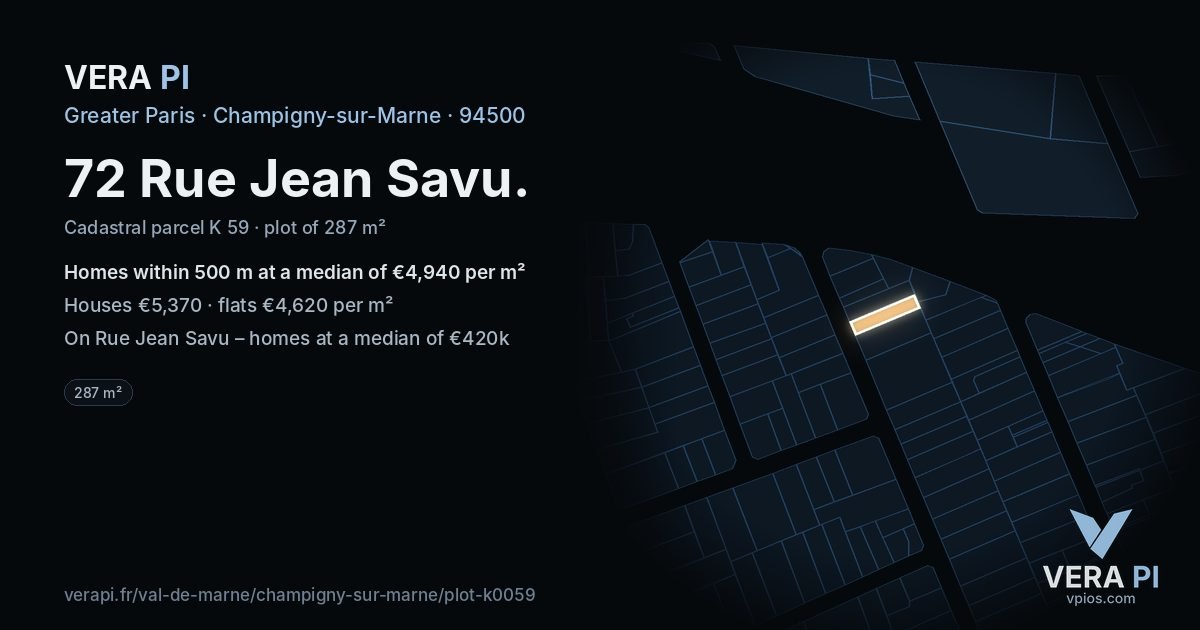 72 Rue Jean Savu, Champigny-sur-Marne at night – the plot lit, the parcels around coloured by the prices near them