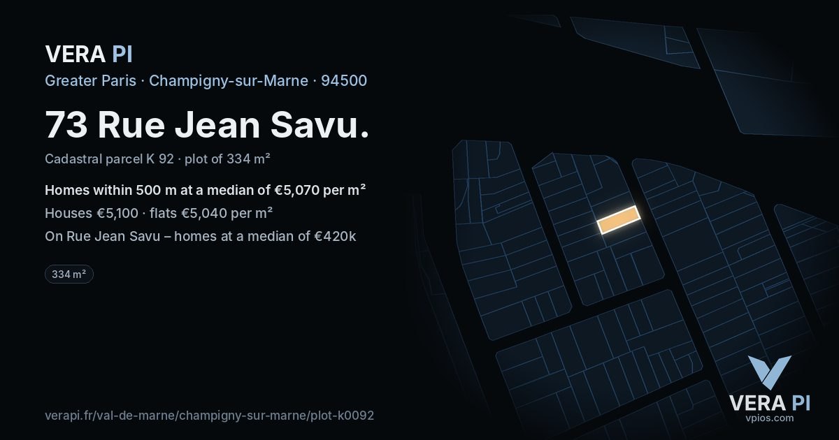 73 Rue Jean Savu, Champigny-sur-Marne at night – the plot lit, the parcels around coloured by the prices near them