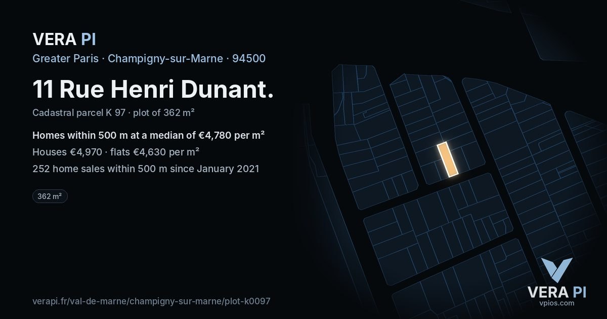11 Rue Henri Dunant, Champigny-sur-Marne at night – the plot lit, the parcels around coloured by the prices near them