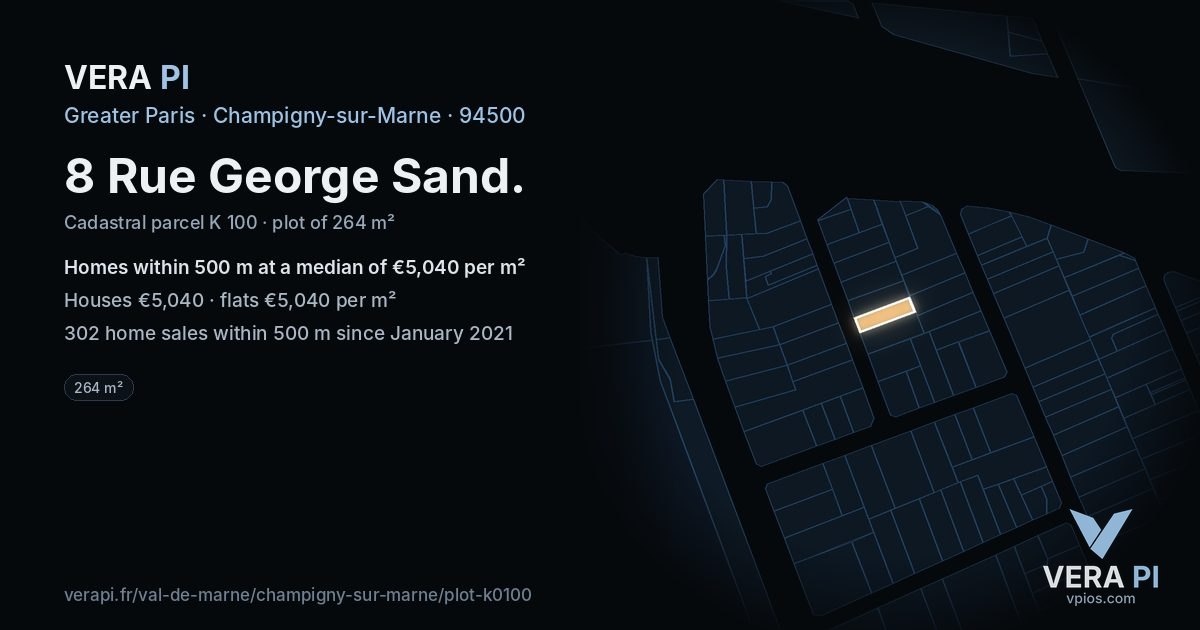 8 Rue George Sand, Champigny-sur-Marne at night – the plot lit, the parcels around coloured by the prices near them
