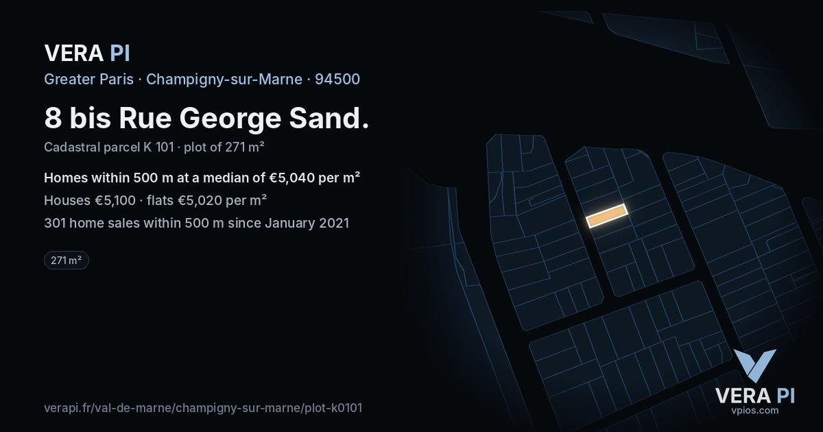 8 bis Rue George Sand, Champigny-sur-Marne at night – the plot lit, the parcels around coloured by the prices near them