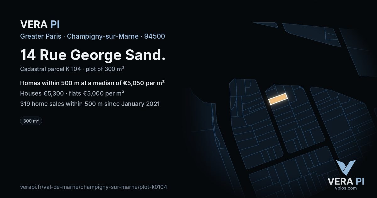 14 Rue George Sand, Champigny-sur-Marne at night – the plot lit, the parcels around coloured by the prices near them