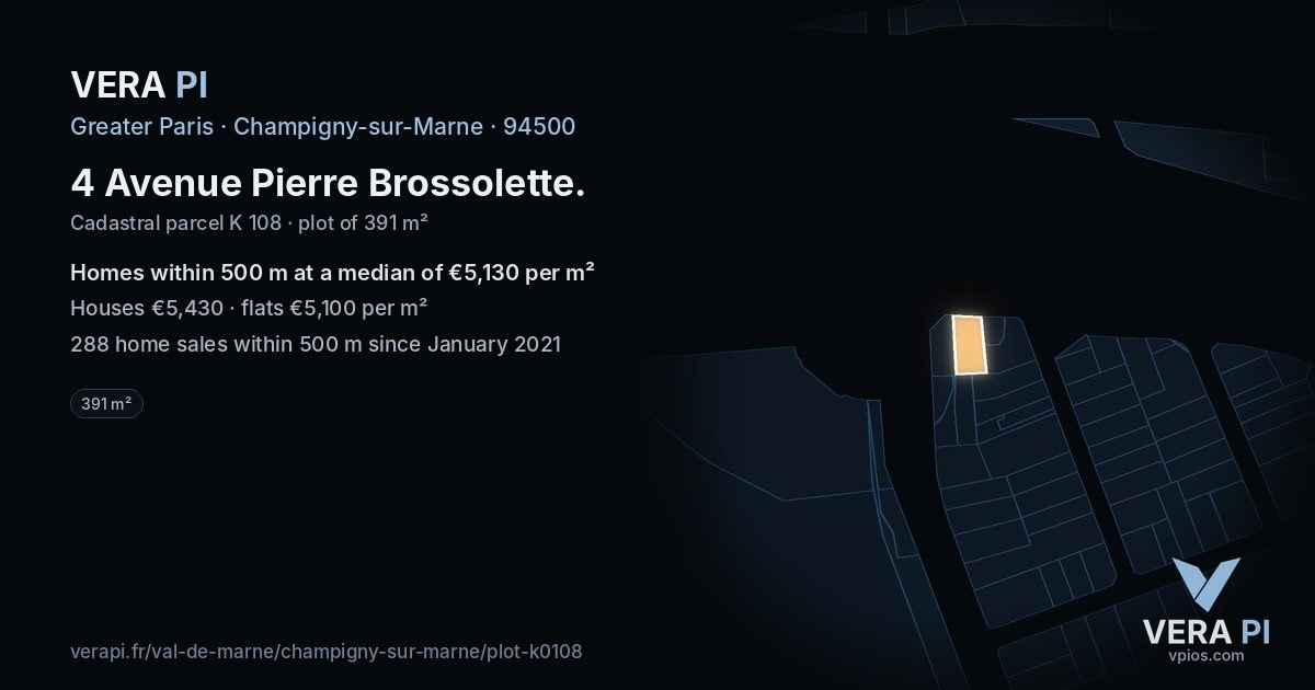 4 Avenue Pierre Brossolette, Champigny-sur-Marne at night – the plot lit, the parcels around coloured by the prices near them