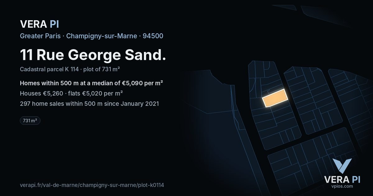 11 Rue George Sand, Champigny-sur-Marne at night – the plot lit, the parcels around coloured by the prices near them
