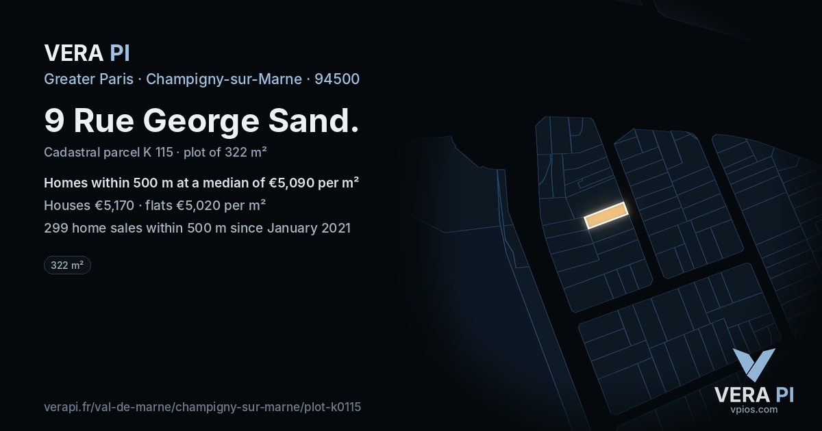 9 Rue George Sand, Champigny-sur-Marne at night – the plot lit, the parcels around coloured by the prices near them