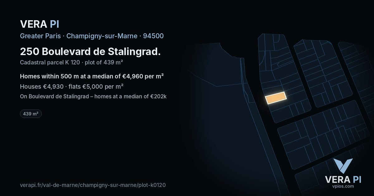 250 Boulevard de Stalingrad, Champigny-sur-Marne at night – the plot lit, the parcels around coloured by the prices near them