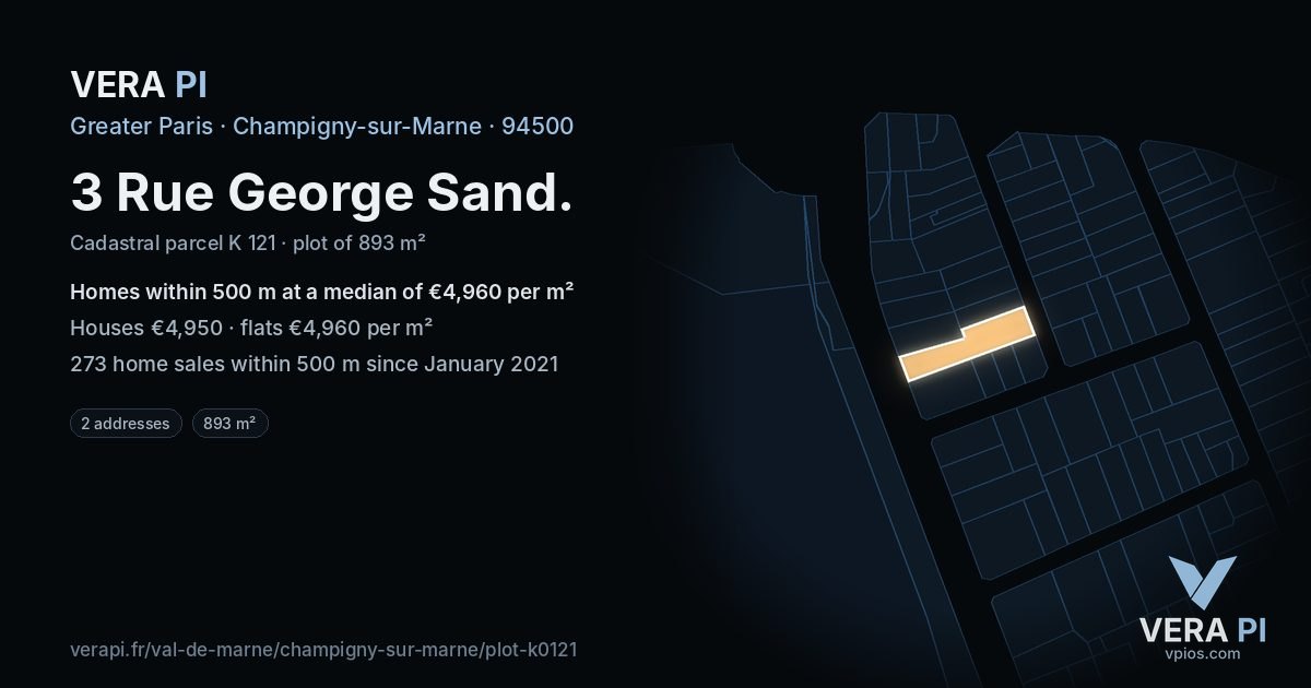 3 Rue George Sand, Champigny-sur-Marne at night – the plot lit, the parcels around coloured by the prices near them