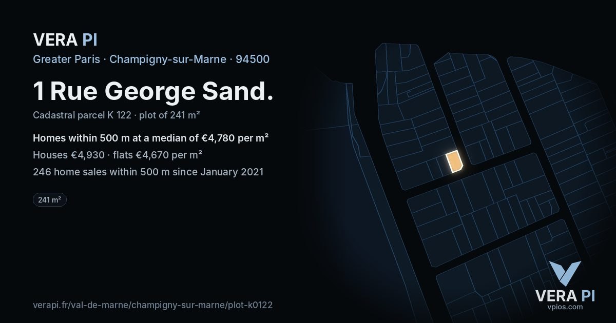 1 Rue George Sand, Champigny-sur-Marne at night – the plot lit, the parcels around coloured by the prices near them