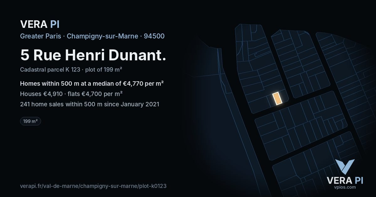 5 Rue Henri Dunant, Champigny-sur-Marne at night – the plot lit, the parcels around coloured by the prices near them