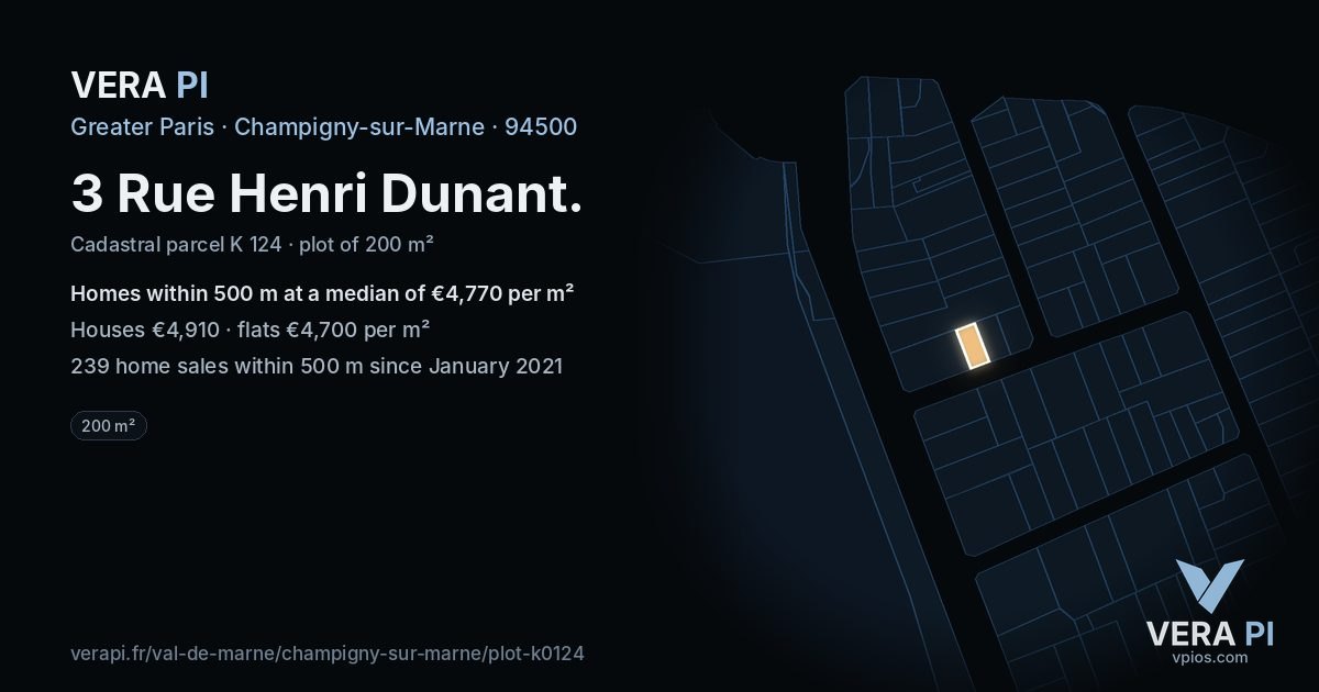 3 Rue Henri Dunant, Champigny-sur-Marne at night – the plot lit, the parcels around coloured by the prices near them