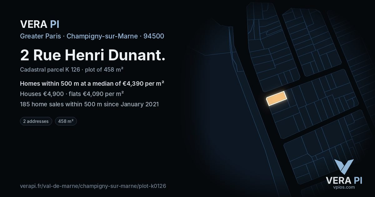 2 Rue Henri Dunant, Champigny-sur-Marne at night – the plot lit, the parcels around coloured by the prices near them