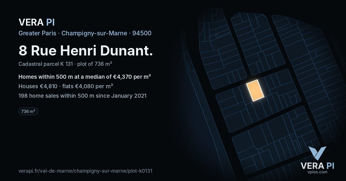 8 Rue Henri Dunant, Champigny-sur-Marne at night – the plot lit, the parcels around coloured by the prices near them