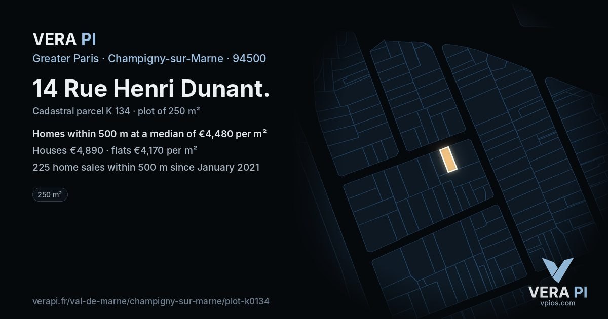 14 Rue Henri Dunant, Champigny-sur-Marne at night – the plot lit, the parcels around coloured by the prices near them
