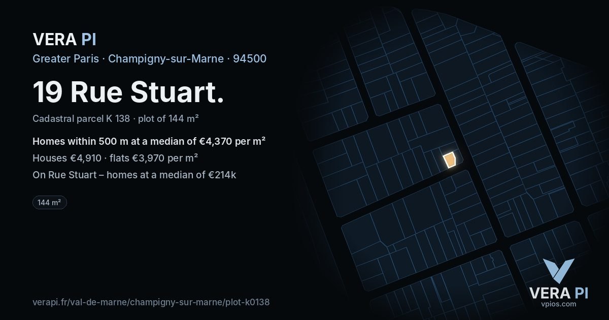 19 Rue Stuart, Champigny-sur-Marne at night – the plot lit, the parcels around coloured by the prices near them