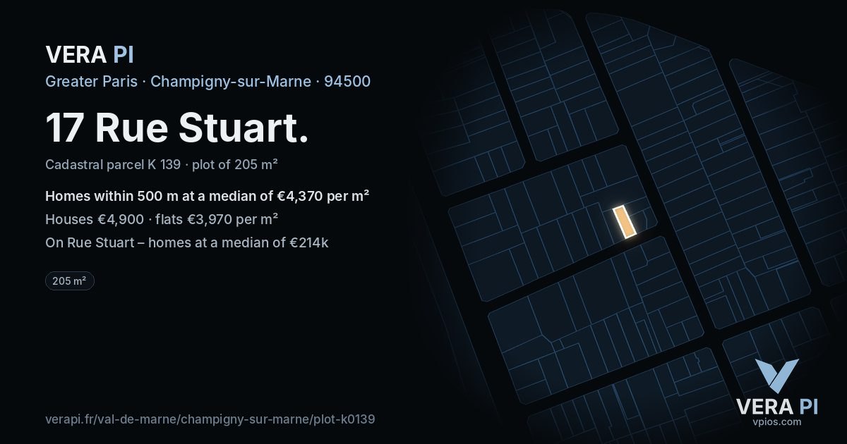 17 Rue Stuart, Champigny-sur-Marne at night – the plot lit, the parcels around coloured by the prices near them