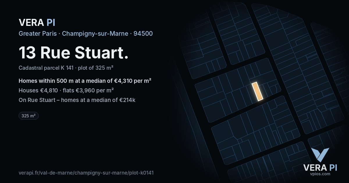 13 Rue Stuart, Champigny-sur-Marne at night – the plot lit, the parcels around coloured by the prices near them