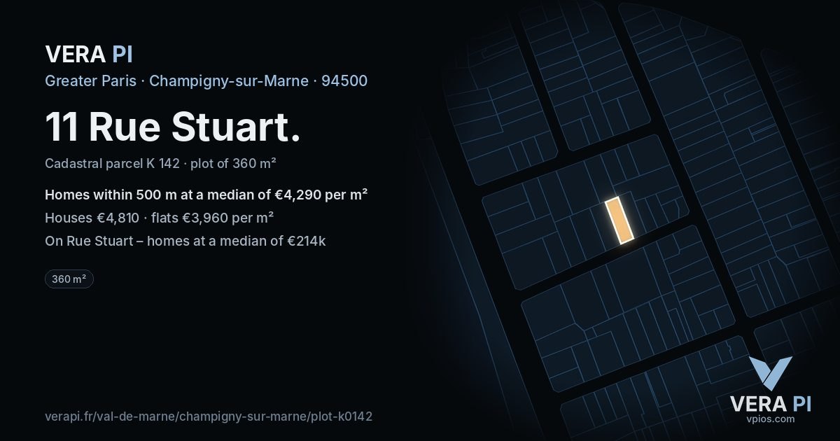 11 Rue Stuart, Champigny-sur-Marne at night – the plot lit, the parcels around coloured by the prices near them