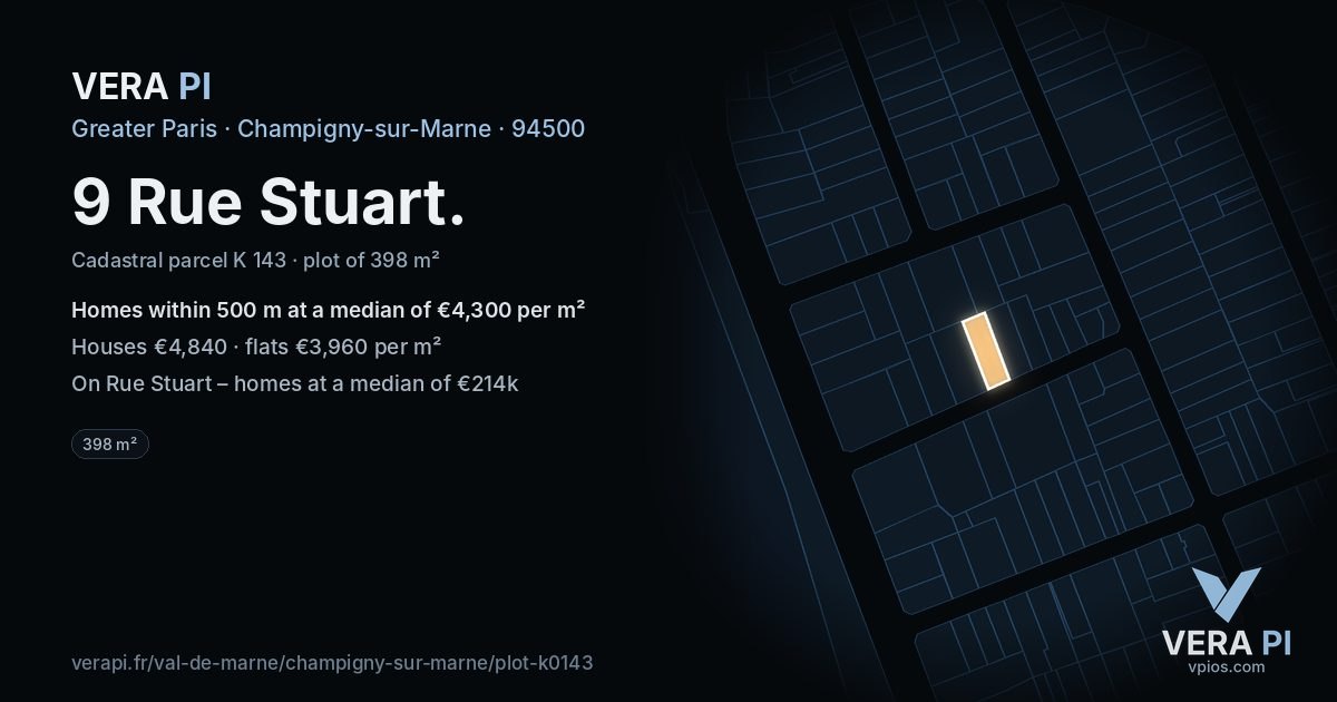 9 Rue Stuart, Champigny-sur-Marne at night – the plot lit, the parcels around coloured by the prices near them