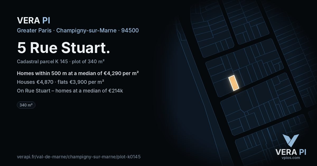 5 Rue Stuart, Champigny-sur-Marne at night – the plot lit, the parcels around coloured by the prices near them