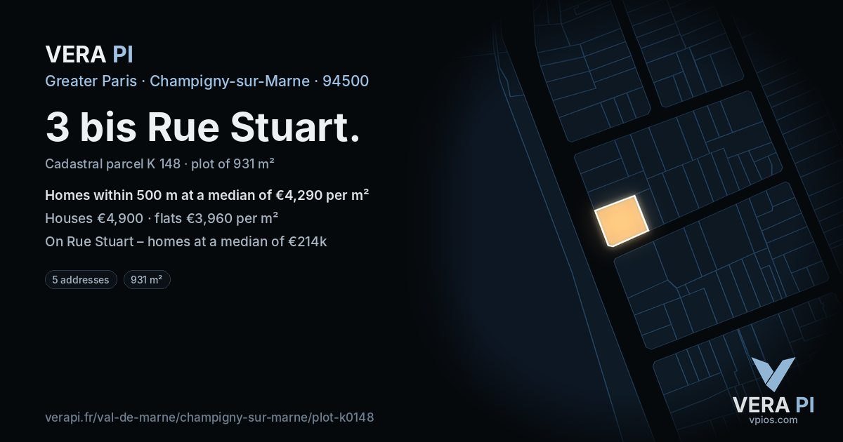 3 bis Rue Stuart, Champigny-sur-Marne at night – the plot lit, the parcels around coloured by the prices near them