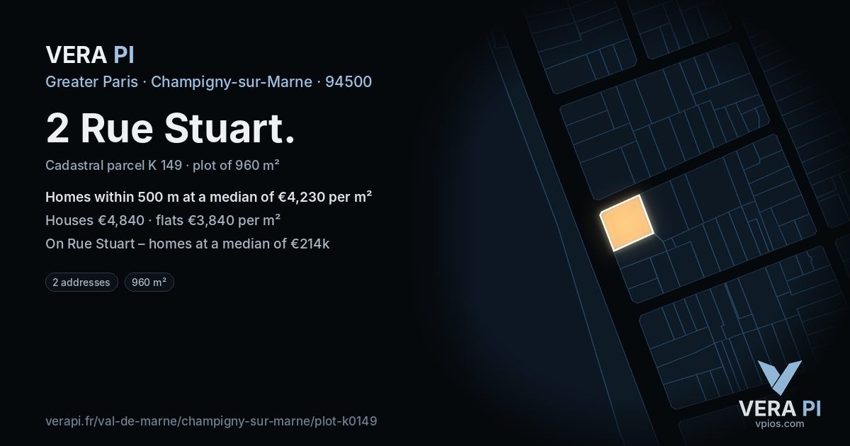 2 Rue Stuart, Champigny-sur-Marne at night – the plot lit, the parcels around coloured by the prices near them