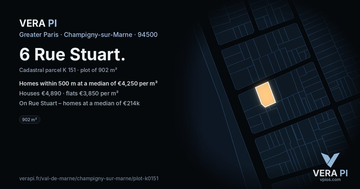 6 Rue Stuart, Champigny-sur-Marne at night – the plot lit, the parcels around coloured by the prices near them