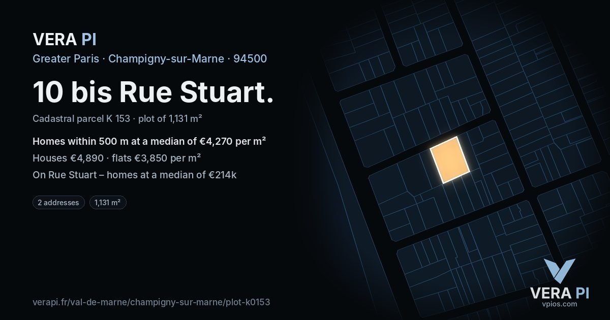10 bis Rue Stuart, Champigny-sur-Marne at night – the plot lit, the parcels around coloured by the prices near them