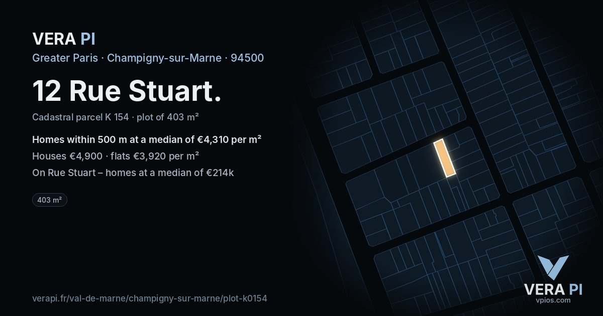 12 Rue Stuart, Champigny-sur-Marne at night – the plot lit, the parcels around coloured by the prices near them