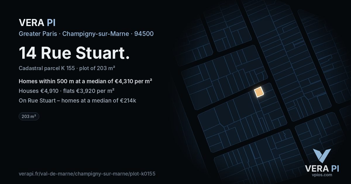 14 Rue Stuart, Champigny-sur-Marne at night – the plot lit, the parcels around coloured by the prices near them
