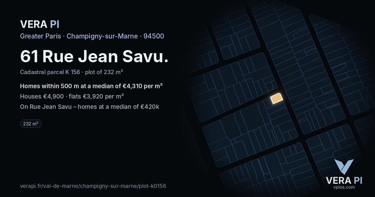 61 Rue Jean Savu, Champigny-sur-Marne at night – the plot lit, the parcels around coloured by the prices near them