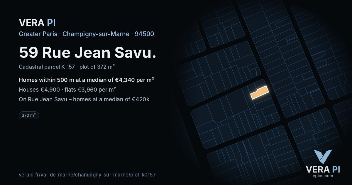 59 Rue Jean Savu, Champigny-sur-Marne at night – the plot lit, the parcels around coloured by the prices near them