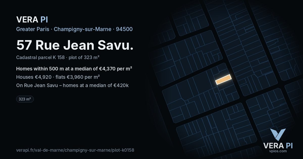 57 Rue Jean Savu, Champigny-sur-Marne at night – the plot lit, the parcels around coloured by the prices near them