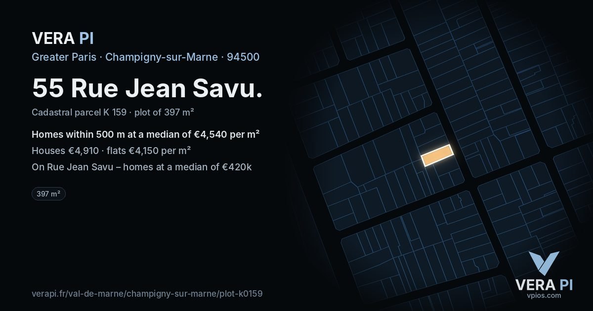 55 Rue Jean Savu, Champigny-sur-Marne at night – the plot lit, the parcels around coloured by the prices near them
