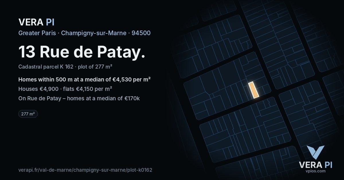 13 Rue de Patay, Champigny-sur-Marne at night – the plot lit, the parcels around coloured by the prices near them