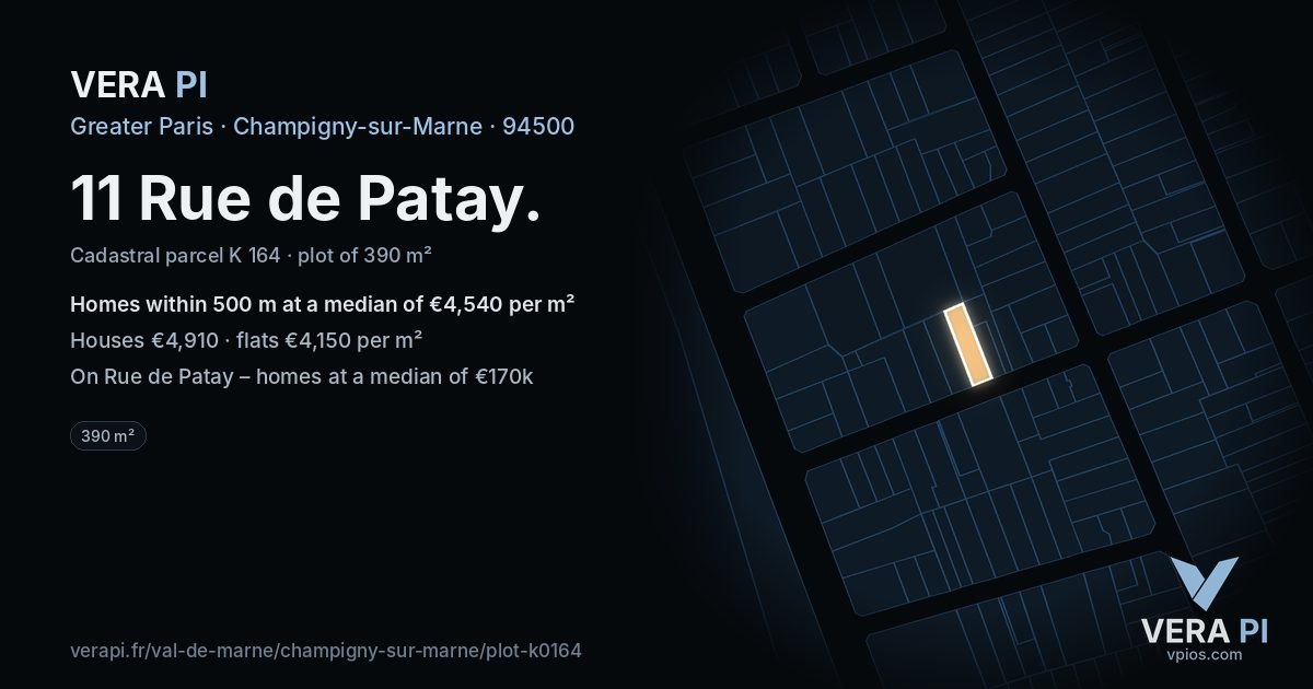 11 Rue de Patay, Champigny-sur-Marne at night – the plot lit, the parcels around coloured by the prices near them