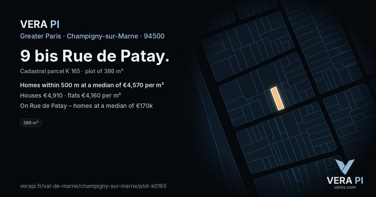 9 bis Rue de Patay, Champigny-sur-Marne at night – the plot lit, the parcels around coloured by the prices near them