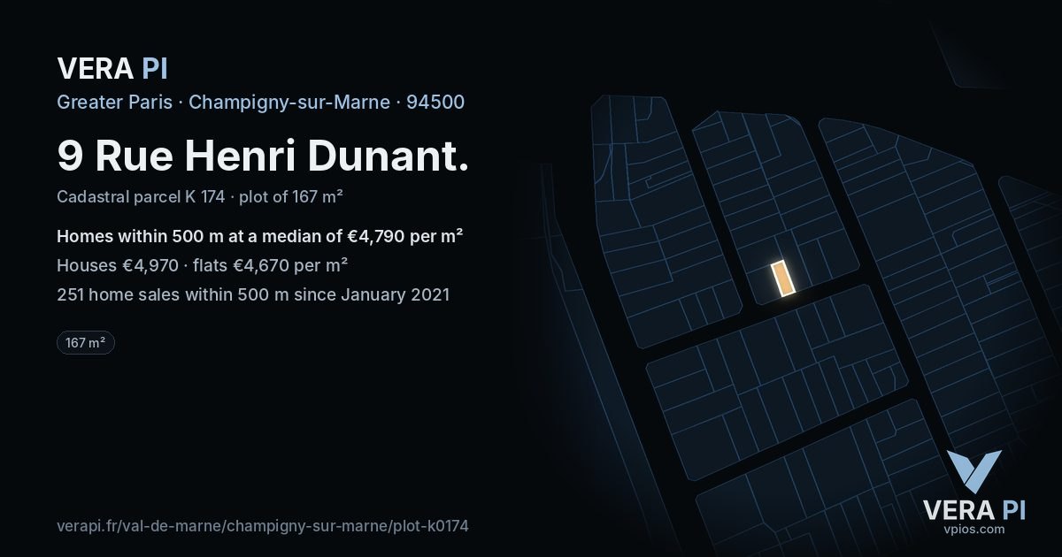 9 Rue Henri Dunant, Champigny-sur-Marne at night – the plot lit, the parcels around coloured by the prices near them