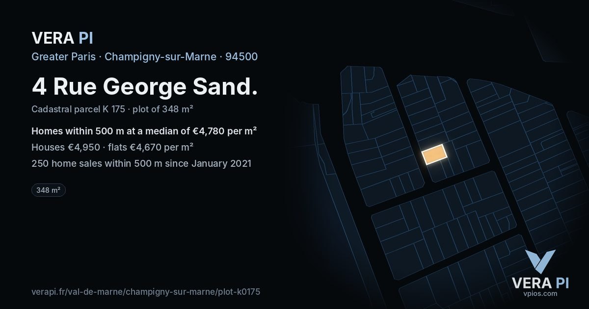 4 Rue George Sand, Champigny-sur-Marne at night – the plot lit, the parcels around coloured by the prices near them