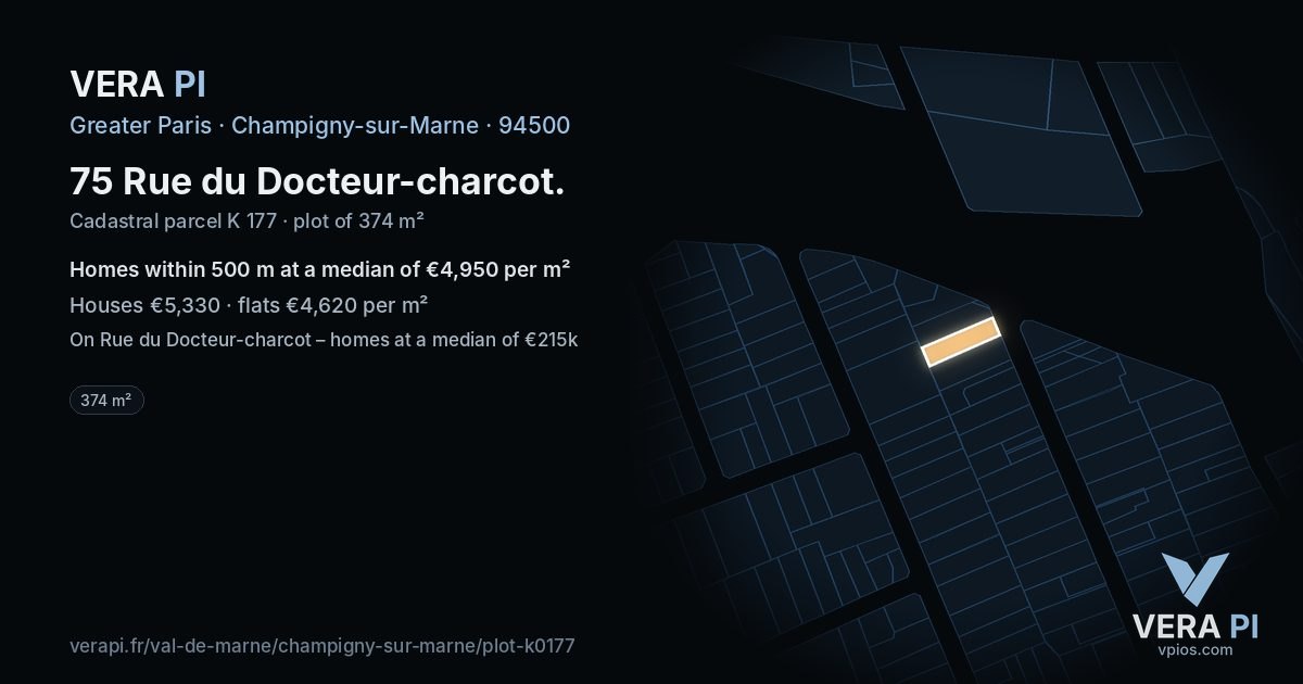 75 Rue du Docteur-charcot, Champigny-sur-Marne at night – the plot lit, the parcels around coloured by the prices near them