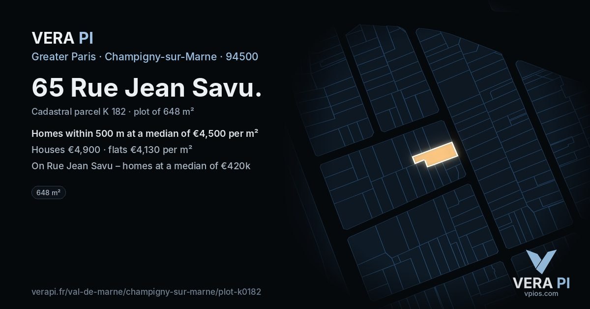 65 Rue Jean Savu, Champigny-sur-Marne at night – the plot lit, the parcels around coloured by the prices near them