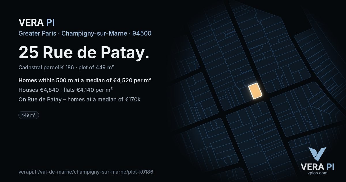 25 Rue de Patay, Champigny-sur-Marne at night – the plot lit, the parcels around coloured by the prices near them